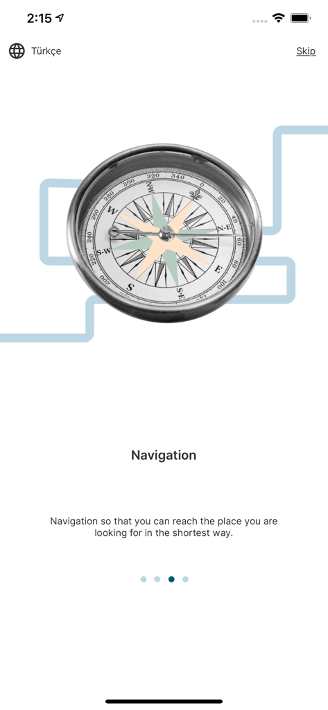 Schermata di onboarding dell'app Galataport Istanbul che mostra la funzionalità di navigazione con un'illustrazione vintage di una bussola.