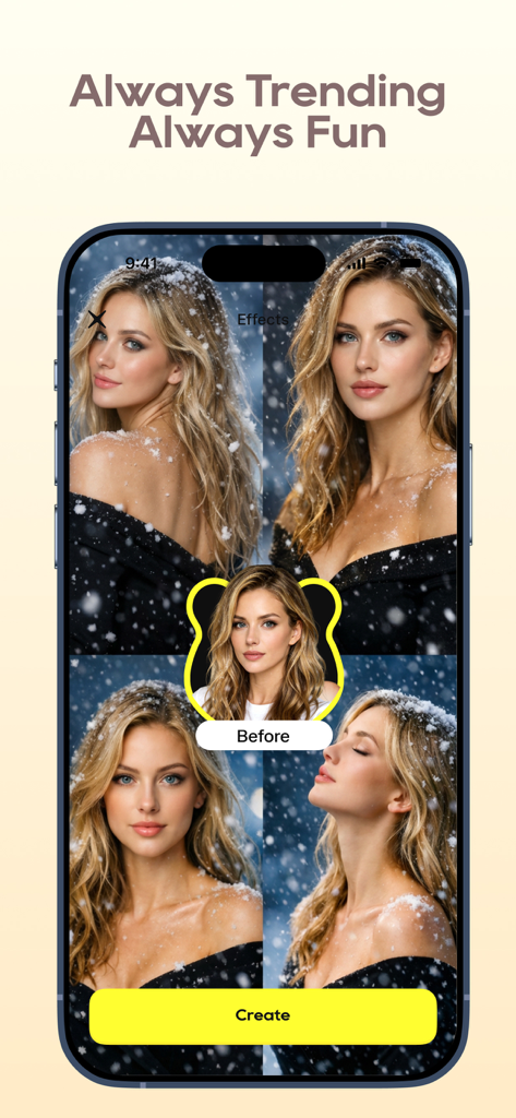Quokka: AI Video Effects Maker - Smartphone screen showing the Quokka app interface with a snowy AI video effect applied to a woman's portrait