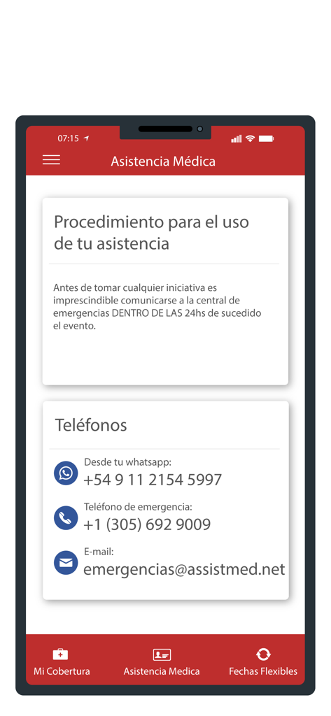 Safe Travel Assistance - 긴급 연락처 전화번호 및 이메일을 보여주는 안전 여행 지원 앱의 의료 지원 화면