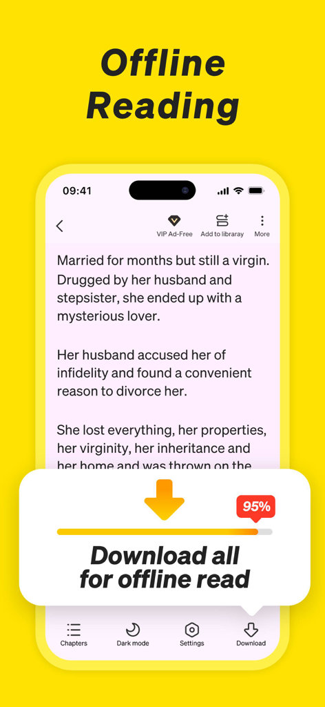 NovelUP-App-Oberfläche, die den Download-Fortschritt für das Offline-Lesen einer Liebes-Webnovel anzeigt.