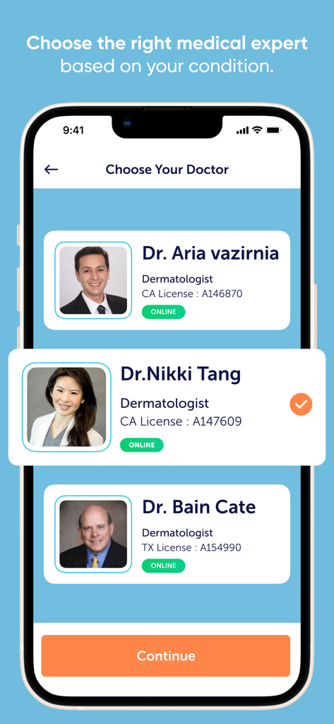 SkyMD 24/7 Telehealth - 온라인 보드 인증 피부과 의사 선택 화면인 SkyMD 앱 화면