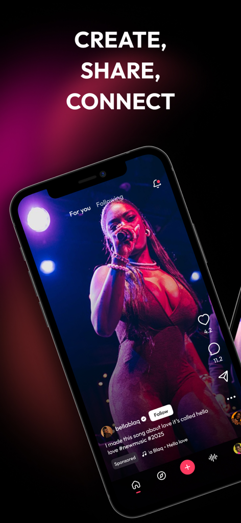 A smartphone displaying the Triller app interface with a music artist video and the text Create Share Connect