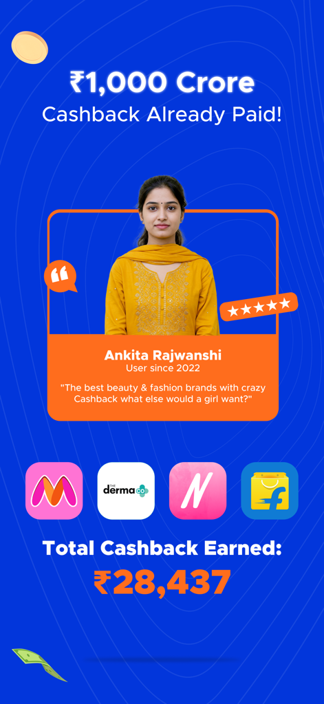 CashKaro - Cashback & Coupons - User testimonial on CashKaro app showing total cashback earned on beauty and fashion brands