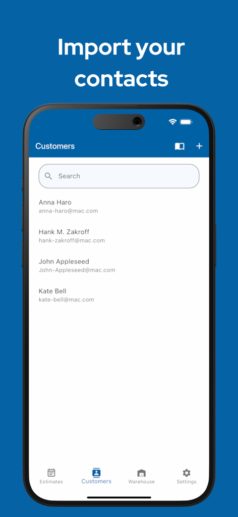 Interfaz de la aplicación para contratistas que muestra una lista de contactos de clientes y la opción de importarlos.