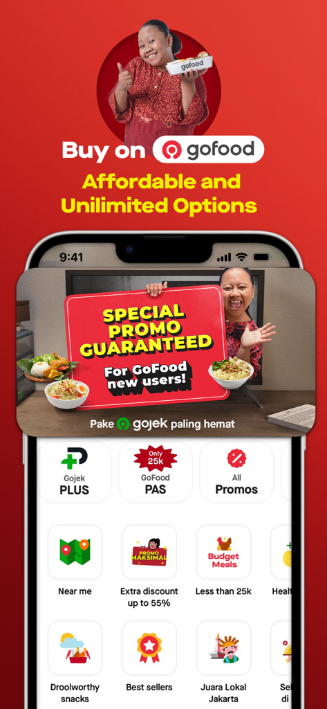 Gojek app interface showing GoFood delivery options with a special promo for new users