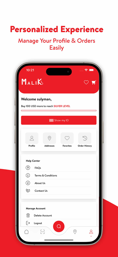 Página de perfil de usuario de la aplicación Maliks que muestra el estado de fidelidad y las opciones de administración de la cuenta