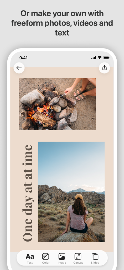 Moodboard - Photo Video Layout - Moodboard-App-Oberfläche, die eine Freeform-Collage mit Outdoor-Fotos und benutzerdefiniertem vertikalem Text zeigt