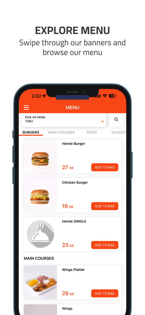 Take Me Home | TMH - Schermata del menu dell'app Take Me Home che mostra varie opzioni di hamburger e vassoi di alette con prezzi