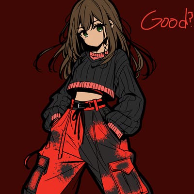 anime teen girl with baggy pants and crop top with sweater