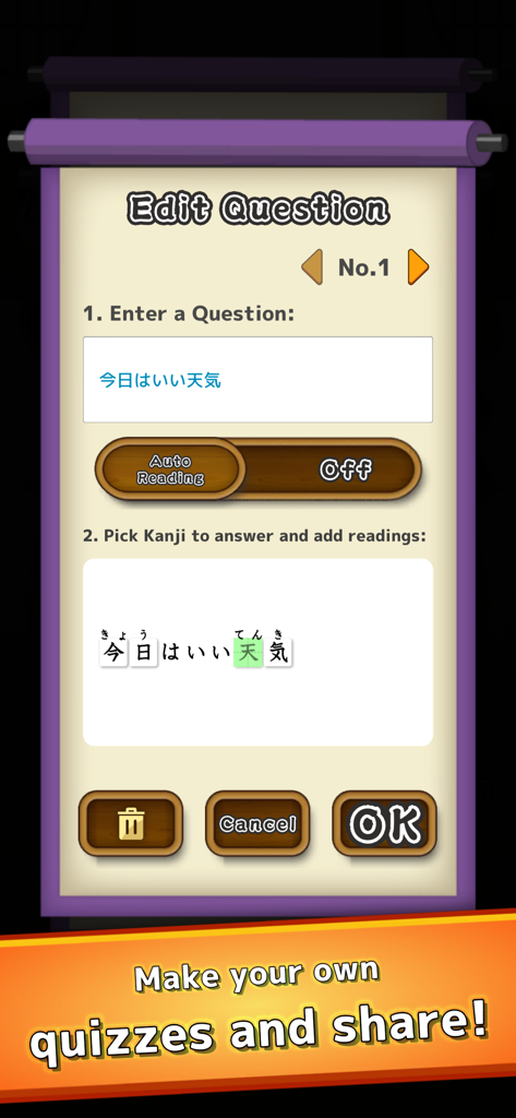 Learn Japanese Kanji Letter - A scroll style interface showing how to edit and create custom Japanese kanji quizzes within the app