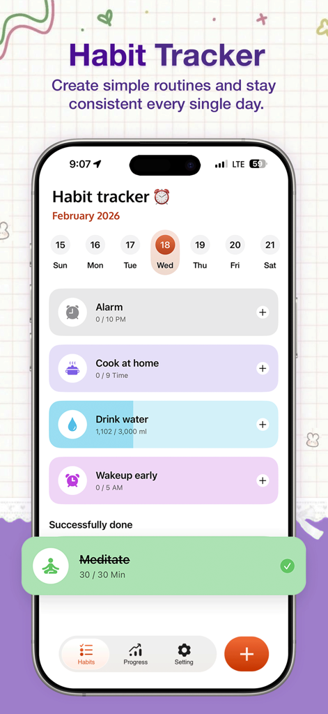 Pure Habit app interface showing a minimalist daily routine tracker with tasks like cooking drinking water and meditation