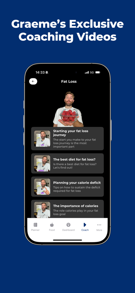 The Fitness Chef - A menu of exclusive fat loss coaching videos featuring Graeme Tomlinson within The Fitness Chef app.