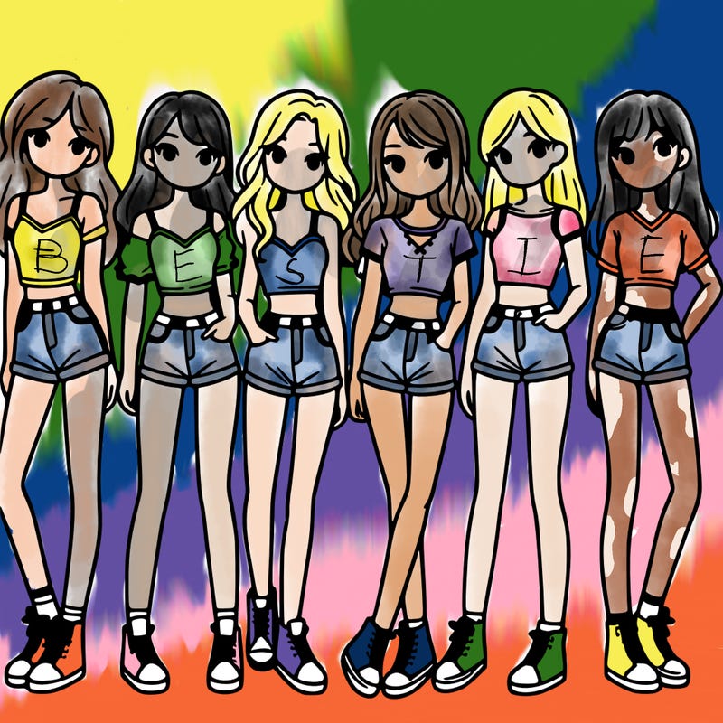 a group of girls wearing crop tops and shorts