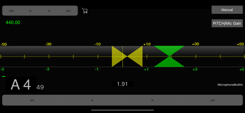 Professional interface of the TUNIC only pure piano tuning app showing pitch calibration for A4 note.