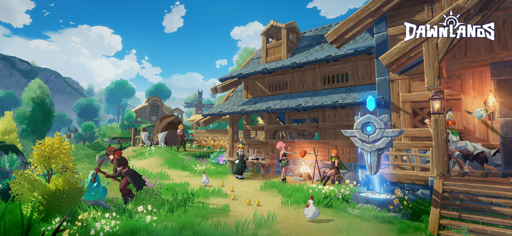 Dawnlands - Characters crafting and building in a wooden village in the Dawnlands game