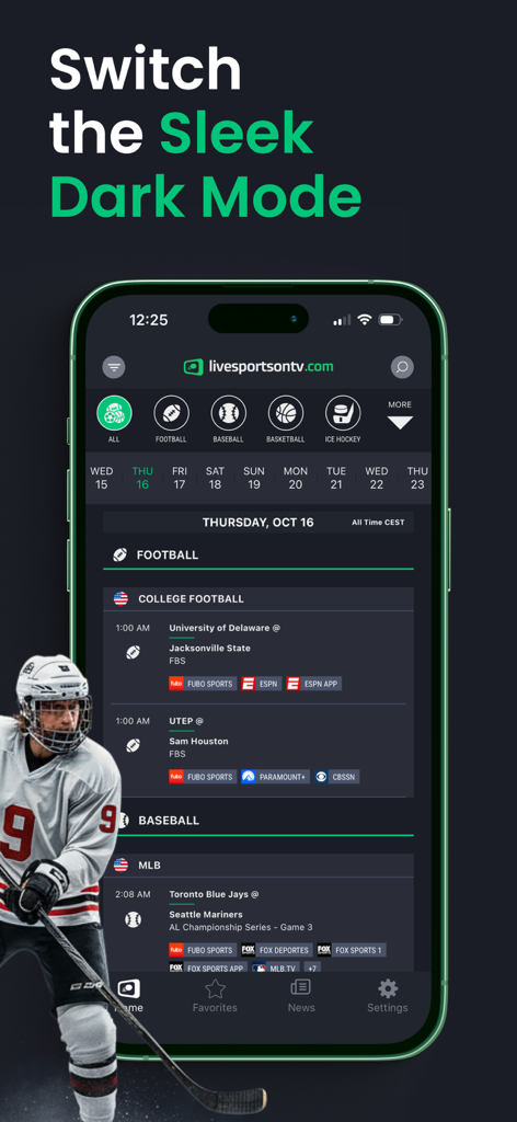 Livesportsontv.com: TV Guide - Aplicación Livesportsontv que muestra un horario de TV deportiva en modo oscuro con listados de canales