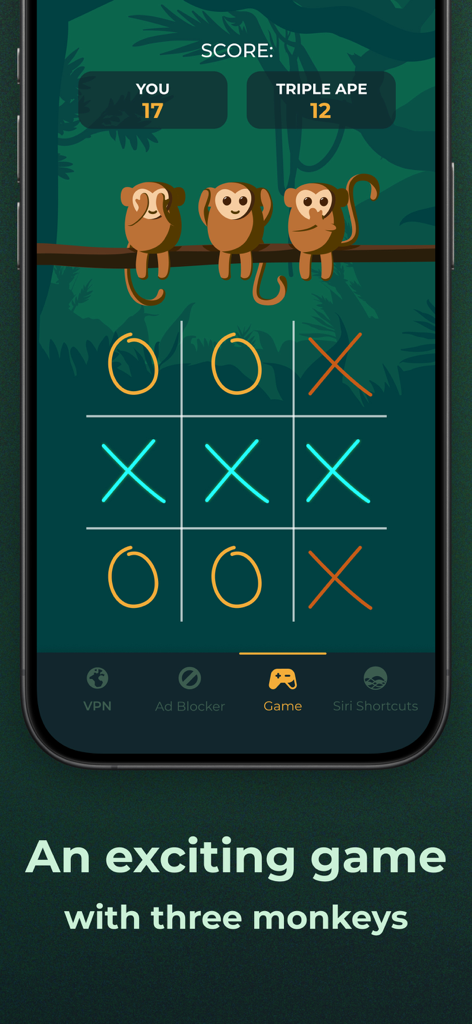 Triple Ape VPN - Tic-Tac-Toe game screen in Triple Ape VPN app featuring three cartoon monkey mascots