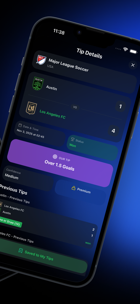TipFever - AI Betting Tips - Pantalla de la aplicación móvil TipFever que muestra un consejo de apuestas de fútbol de IA para un partido de la MLS