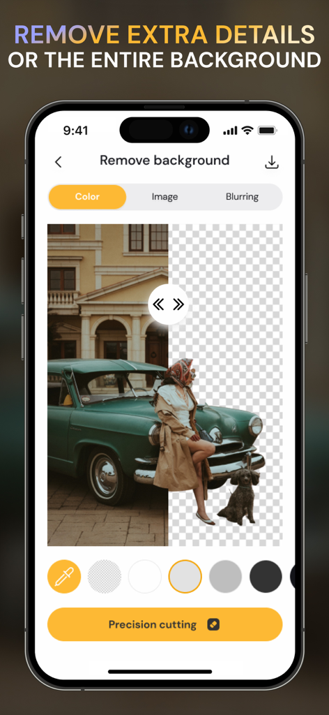 AI写真エンハンサーアプリのインターフェースで背景削除機能を示す