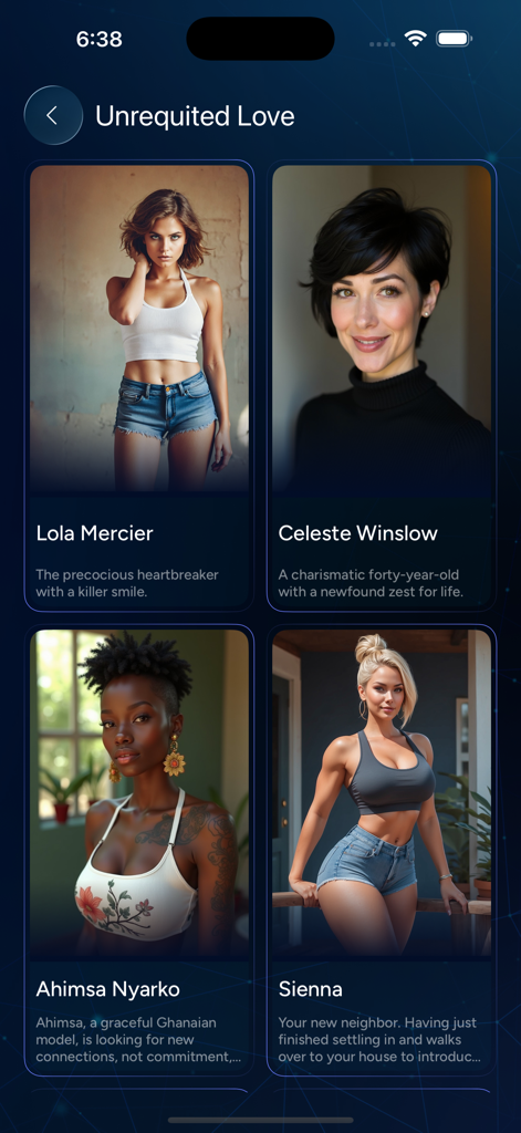 Hi - Ai Character Chat App - Un affichage en grille de profils de personnages IA féminins, y compris des noms et des descriptions, dans l'interface de l'application Hi AI Character Chat.