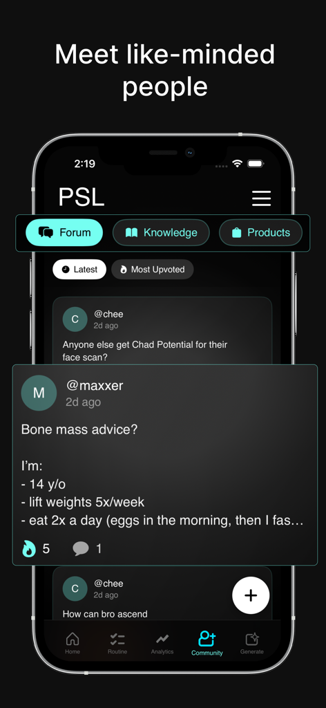 PSL app community forum screen showing user discussions and looksmaxxing advice