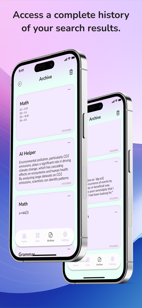 Homework Solver: AI Helper App - La pantalla de archivo de la aplicación Solucionador de Tareas: Ayuda IA que muestra una lista de resultados de búsqueda guardados de matemáticas y gramática.