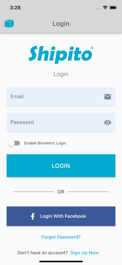 Pantalla de inicio de sesión de la aplicación móvil de Shipito con opciones de inicio de sesión por correo electrónico y Facebook