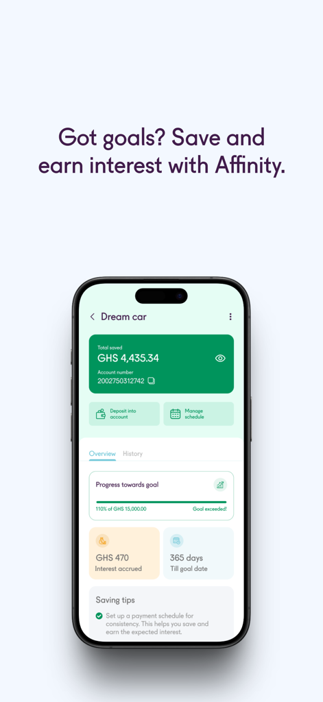 Affinity app dashboard showing progress toward a savings goal and earned interest