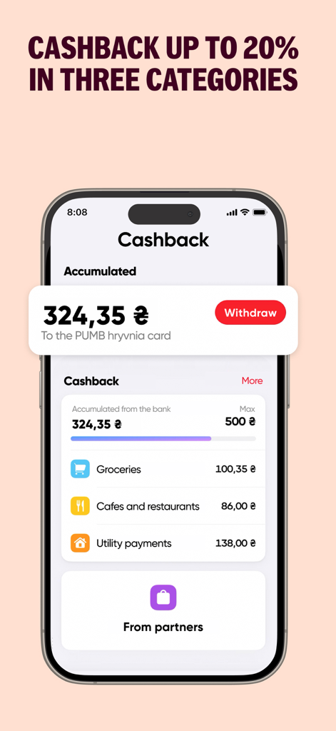 PUMB - Online Bank 24/7 - PUMB mobile banking app cashback interface showing rewards for groceries and utility payments