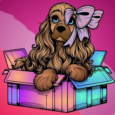 a spaniel american cocker with a beautiful bow coming out if a box realistic cute