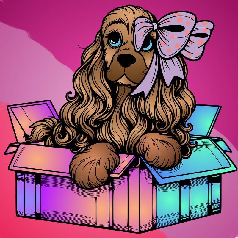 a spaniel american cocker with a beautiful bow coming out if a box realistic cute