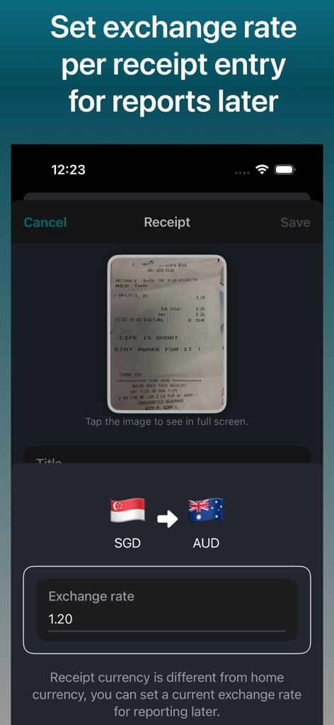 Smart Scan Receipts: Receiptly - Una interfaz móvil para establecer tipos de cambio entre SGD y AUD para recibos escaneados.