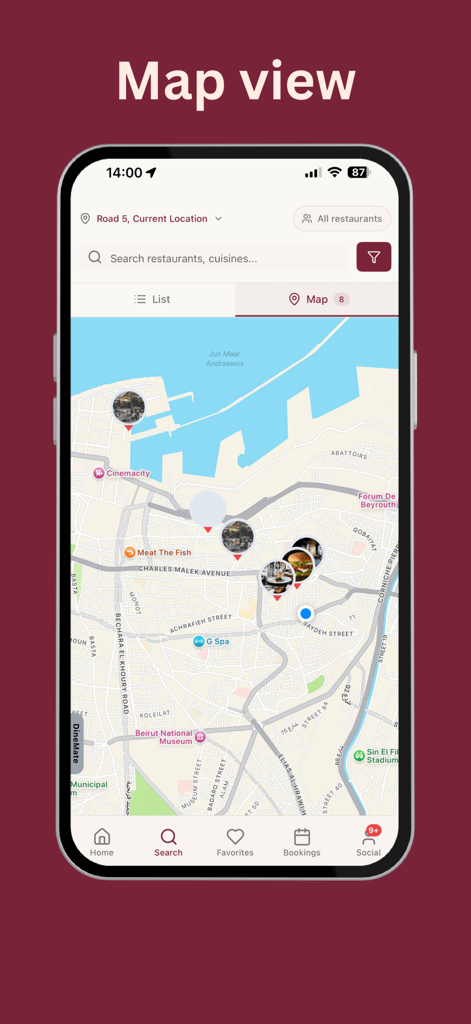Plate app map view showing restaurant locations and food pins