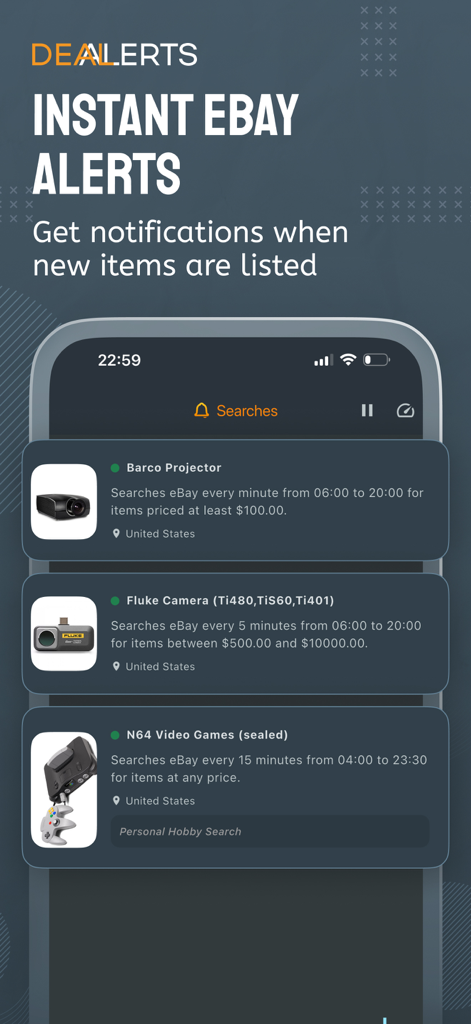 Smartphone screen showing Dealerts app with automated eBay search notifications for various items