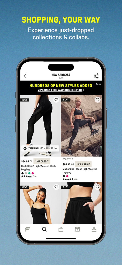 Fabletics: Premium Activewear - Interface de l'application mobile Fabletics affichant une collection de nouveautés de vêtements de sport avec prix de crédit VIP
