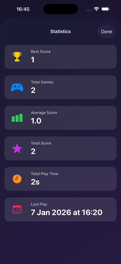 Mahjong One Button - Statistics dashboard of the Mahjong One Button app showing game records, total scores, and play time.