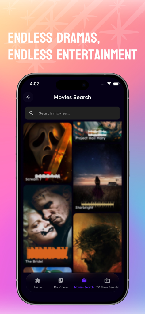 HotMiniDrama - Movies & TV - Interface de busca de filmes do aplicativo HotMiniDrama mostrando pôsteres de filmes e barra de pesquisa