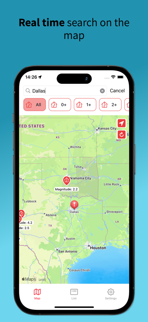 Earthquake Hub - Interface de l'application Earthquake Hub montrant une recherche de carte sismique en temps réel pour Dallas avec des filtres de magnitude.