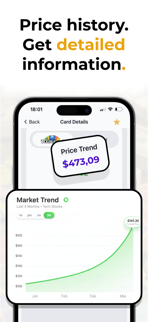 TCG Collector & Card Scanner - Pokely app interface showing a market trend graph and price history for a Pokémon card.
