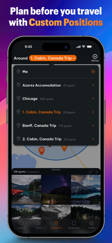 Mobile app interface of Locationscout showing custom travel positions and photo spot suggestions for planning trips.