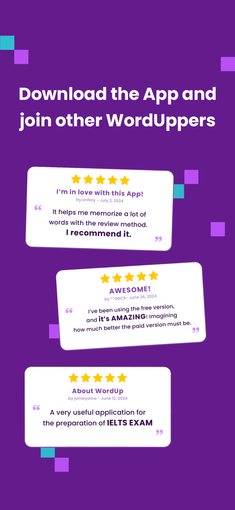 Five star user reviews and testimonials for the WordUp vocabulary builder app