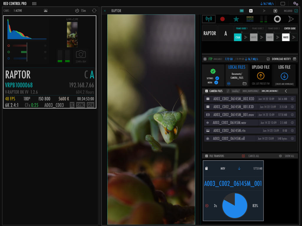 RED Control Pro app interface with camera settings and file management tools