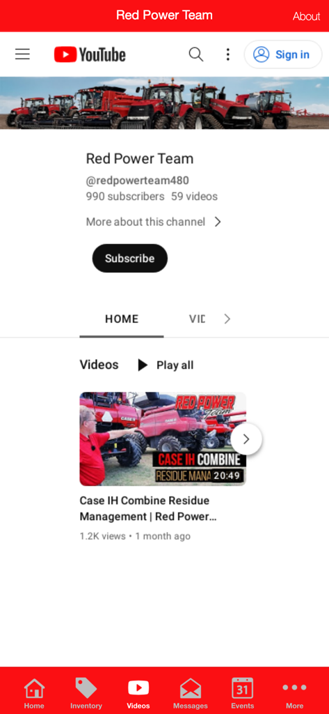 Red Power Team mobile app interface showing YouTube videos for Case IH machinery.