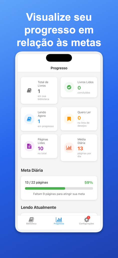 My Readings - Una interfaz de app móvil mostrando estadísticas de progreso de lectura y una barra de progreso de meta diaria de páginas