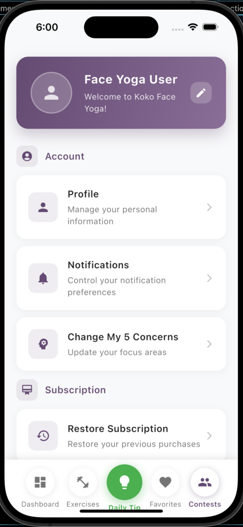 Koko Face Yoga - User account and profile settings screen in the Koko Face Yoga app