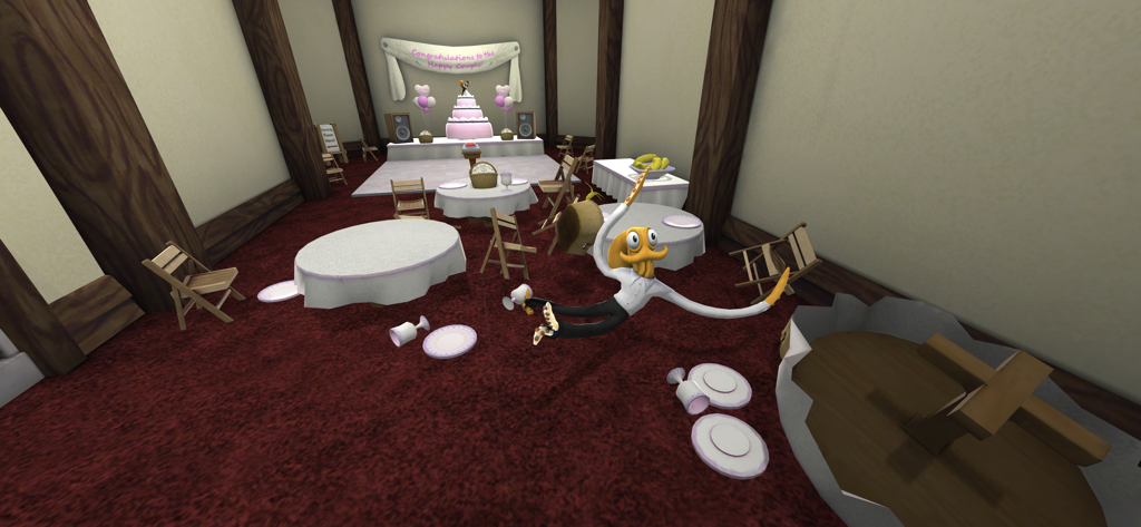 Octodad: Dadliest Catch - Octodad tropezando torpemente en un salón de banquetes de boda con mesas y un pastel al fondo