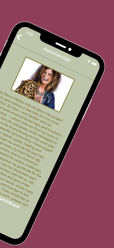 The Kuan Yin Transmission - Alana Fairchild author profile screen with a personal message about the app