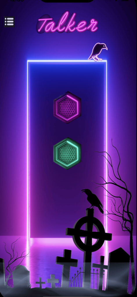 Spirit Entities Talker - Main interface of the Spirit Entities Talker app featuring neon graphics and a spooky cemetery background