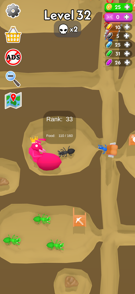 Empire of Ants - Idle Game - An underground view of an ant colony featuring a pink queen ant and worker ants in tunnels.