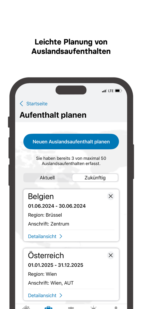 Oberfläche der Elefand-App mit geplanten Auslandsaufenthalten für deutsche Staatsbürger.